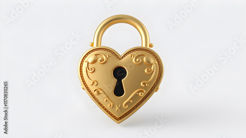 heart shaped padlock. gold 3d padlock.Top view shot of gold heart padlock isolated on white background
