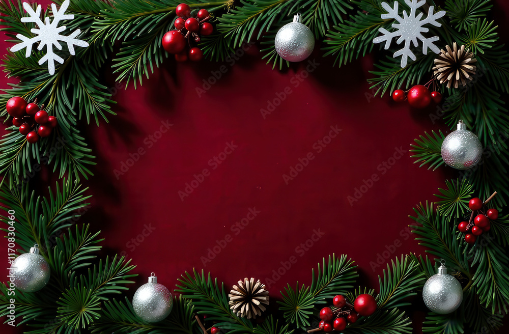 Festive New Year and Christmas frame with fir tree foliage, ornaments, and space for personalized text for holiday greetings. Generative AI Festive New Year and Christmas frame with fir tree foliage, ornaments, and space for personalized text for holiday greetings. Generative AI