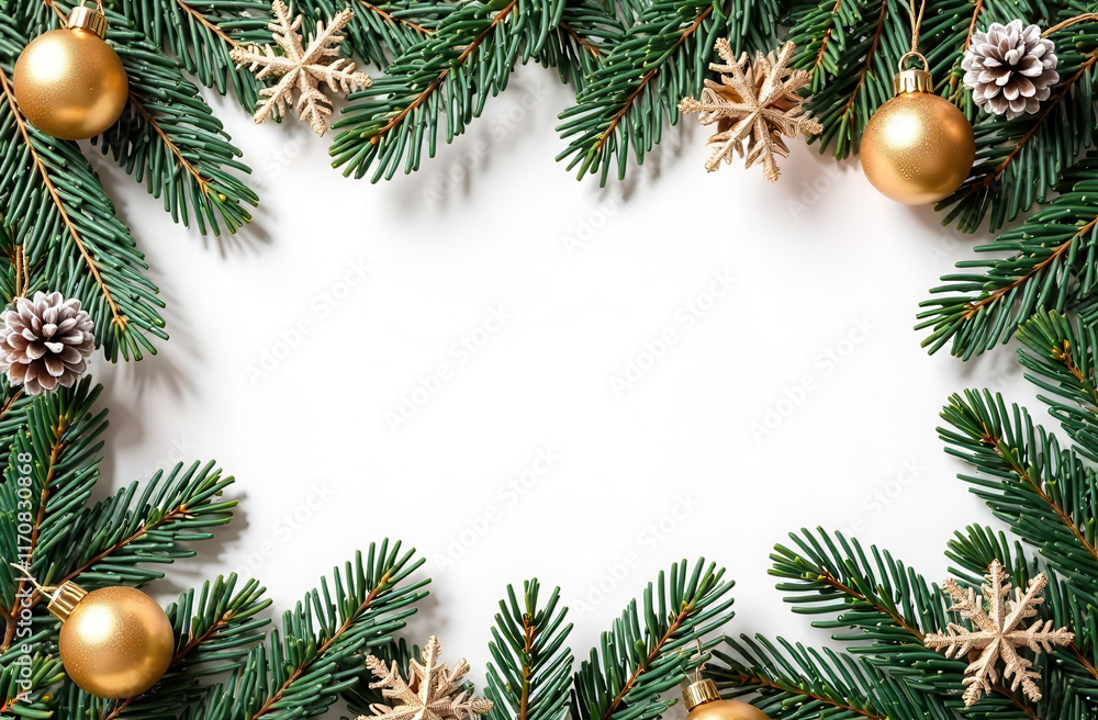 Festive frame with fir tree branches and ornaments for New Year and Christmas celebrations with space for text. Generative AI Festive frame with fir tree branches and ornaments for New Year and Christmas celebrations with space for text. Generative AI