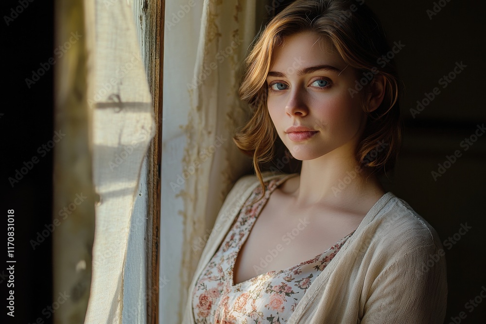 Fototapeta premium Portrait of a Young Woman Gazing Out of a Sunlit Window