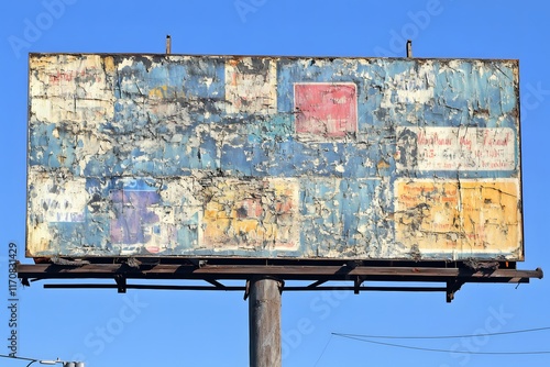 A cracked and faded billboard with vague advertisements, symbolizing the empty promises of modern consumerism and societal pressure.  photo