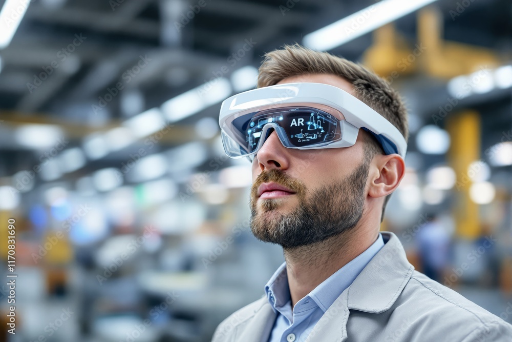 Man wearing advanced augmented reality glasses in a modern industrial tech setting, showcasing futuristic holographic display. Ai generative Man wearing advanced augmented reality glasses in a modern industrial tech setting, showcasing futuristic holographic display. Ai generative
