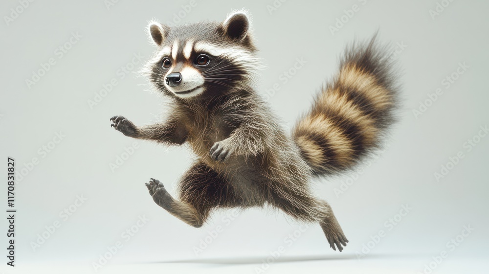 Obraz premium Playful raccoon in mid-air leap.