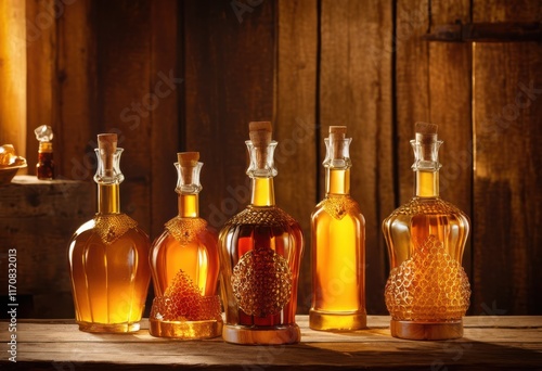 vibrant honey filled mead bottles showcase rustic wooden table natural lighting glass reflection, liquid, texture, beverage, flavor, artisanal, organic photo