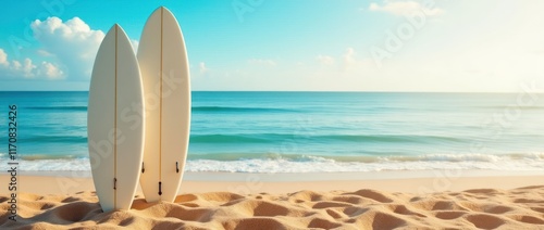 Surfboards on Golden Sand at a Bright Beach Under a Clear Sky photo