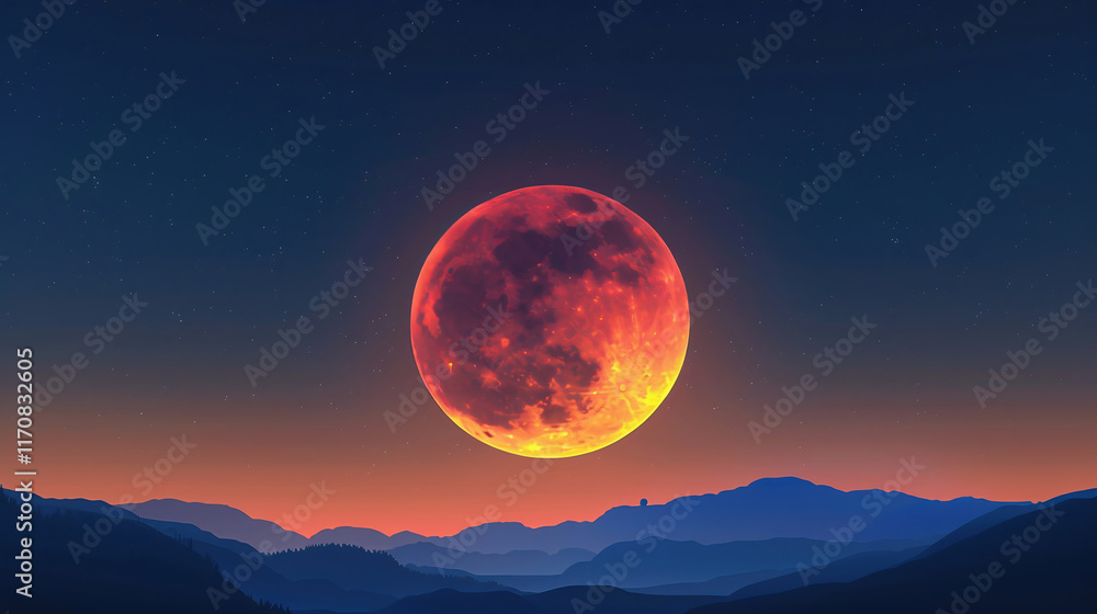 Yellow orange Full moon on clear blue sky background Yellow orange Full moon on clear blue sky background