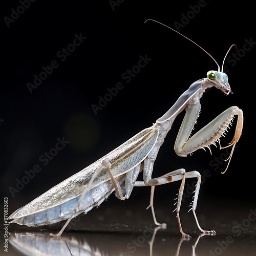  A giant transparent praying mantis with elongated claws that shimmer like polished crystal, ready to strike in an elegant but horrifying dance.ai generative photo