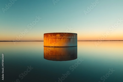 A calm, minimalistic shot of a large oil tank reflecting the sunrise on its smooth, polished surface, with soft lighting creating a sense of tranquility.  photo