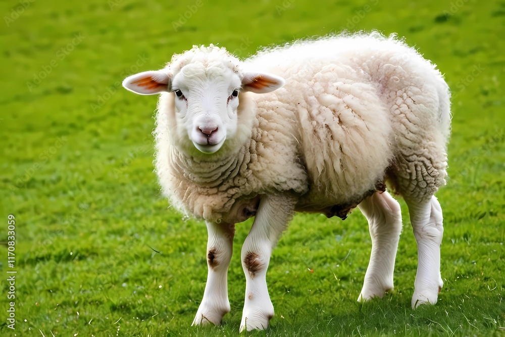 A Cute Young Lamb Grazes Peacefully in a Lush, Verdant Field, Showcasing Its Soft Woolly Coat in a Tranquil Setting A Cute Young Lamb Grazes Peacefully in a Lush, Verdant Field, Showcasing Its Soft Woolly Coat in a Tranquil Setting