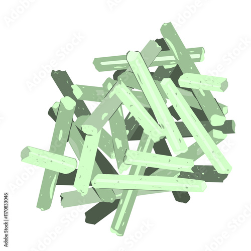 Tofu Litter Pellets in green palette. Pieces of Flushable Clumping Fast Drying Tofu Cat Ultra Absorbent Litter. Premium eco litter, soluble in water. Vector isolated illustration.
