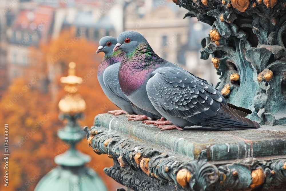 Obraz premium Two pigeons perching on a decorative stone ledge in prague