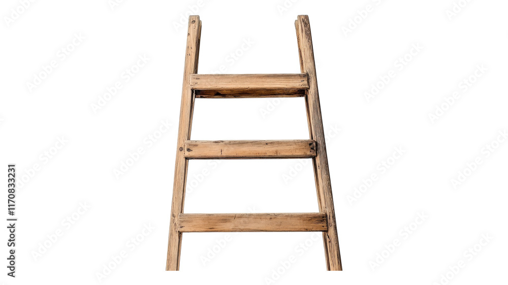 A rustic wooden ladder stands upright against a transparent background, showcasing its sturdy construction and practical design. A rustic wooden ladder stands upright against a transparent background, showcasing its sturdy construction and practical design.