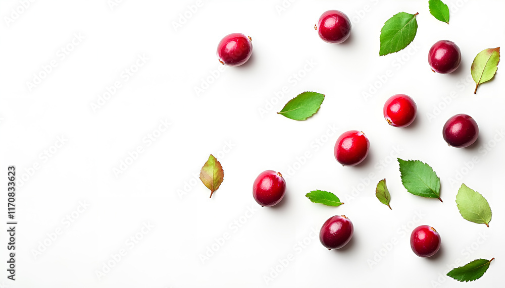 Cranberry isolated on white background with clipping path, berry collection, fresh falling cranberries with leaves