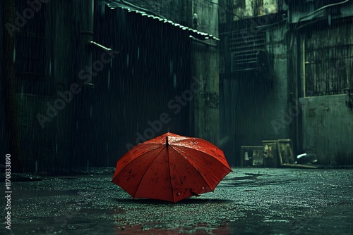 A solitary umbrella lying abandoned on a rainy street, with the rain blurring the scene, symbolizing the feeling of being unprotected from emotional storms. photo