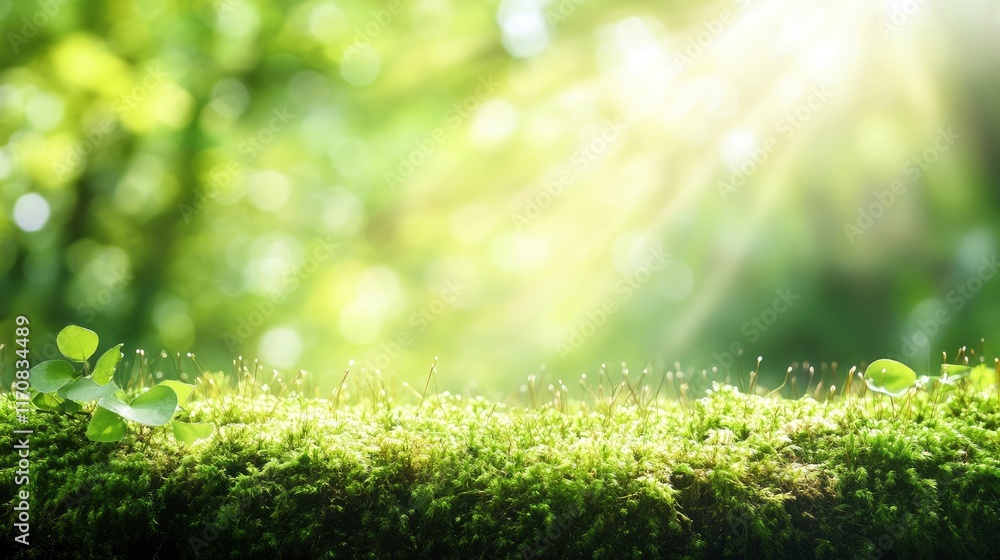 Obraz premium Green moss in a bright forest clearing. Seasonal natur background with bokeh and short depth of field. Close-up with space for text.
