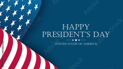 Happy President's Day. Festive banner with waving American flag. United States Presidents Day holiday background. Vector illustration.