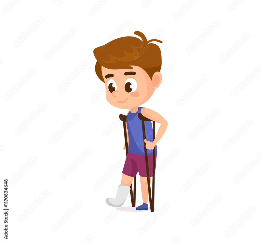 Sad cartoon little boy a leg cast using crutches for support. Cute kid character flat style vector illustration. Child character for books, healthcare, educational content related to injuries. Sad cartoon little boy a leg cast using crutches for support. Cute kid character flat style vector illustration. Child character for books, healthcare, educational content related to injuries.