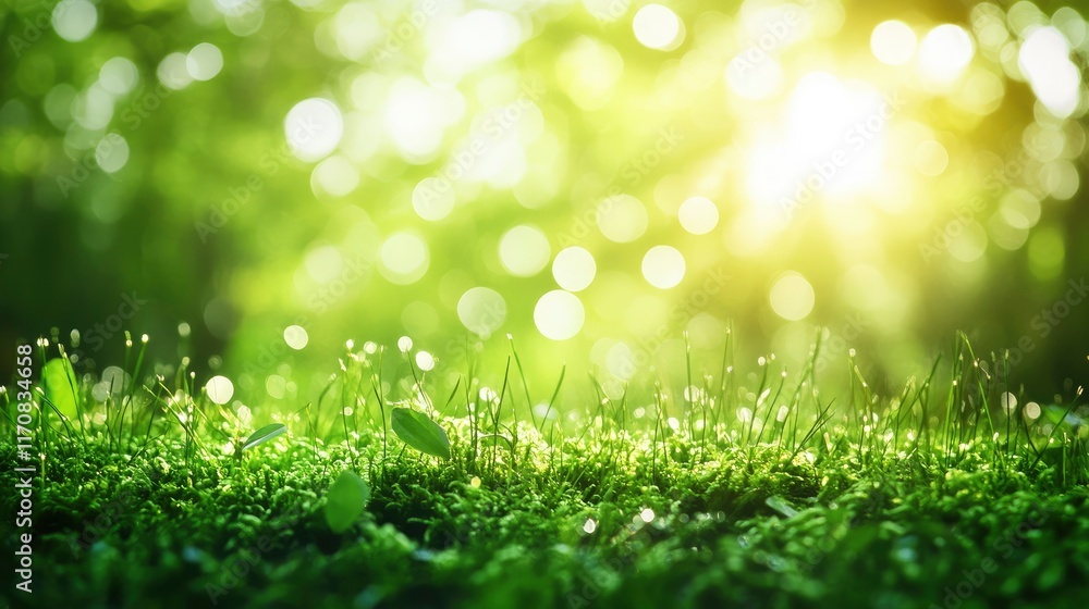 Obraz premium Green moss in a bright forest clearing. Seasonal natur background with bokeh and short depth of field. Close-up with space for text.
