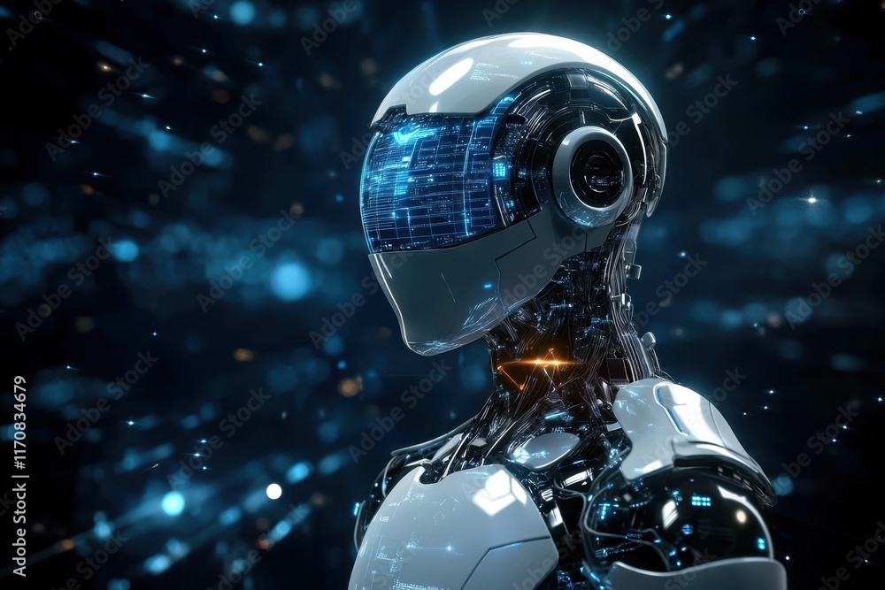 Futuristic robot design with digital elements and glowing features in a dark environment Futuristic robot design with digital elements and glowing features in a dark environment