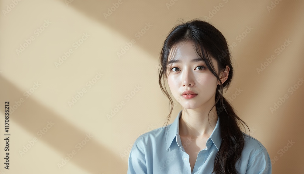 Serene Woman in Light Blue Shirt, Sunlit Portrait Serene Woman in Light Blue Shirt, Sunlit Portrait
