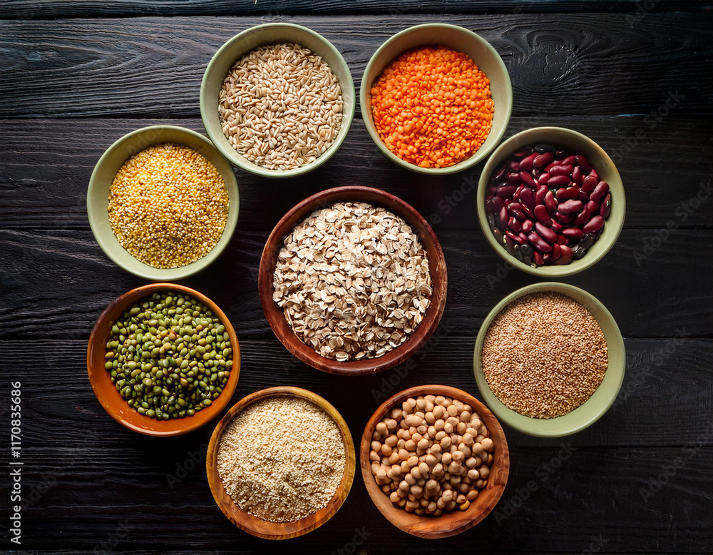 Assortment of various cereals, grains, seeds, groats, Assortment of various cereals, grains, seeds, groats,