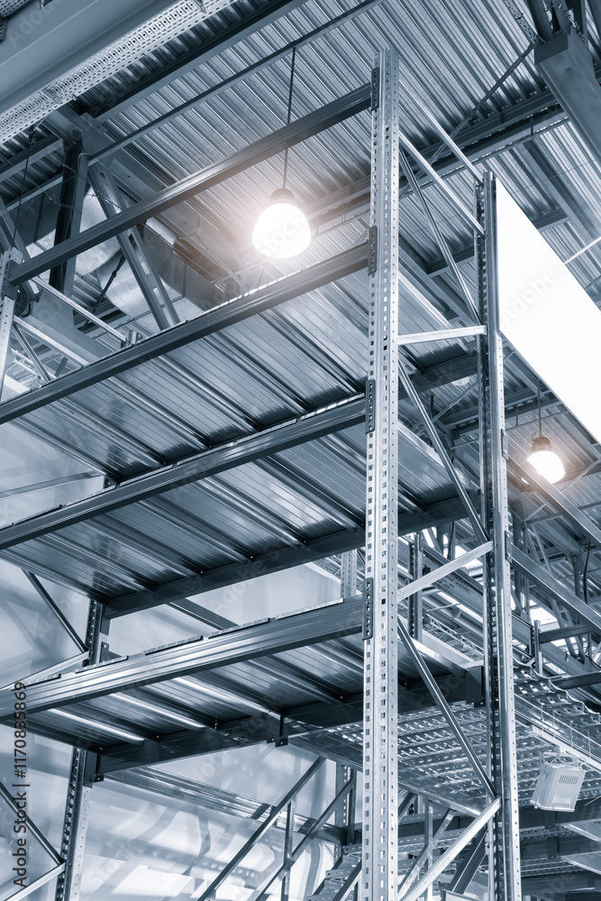 Huge distribution warehouse with high shelves and loaders. Bottom view. Huge distribution warehouse with high shelves and loaders. Bottom view.
