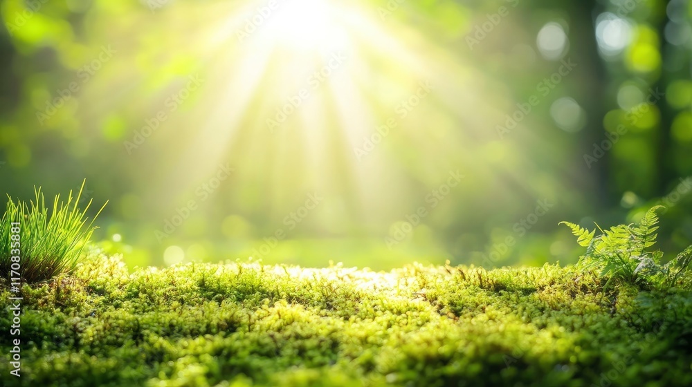 Obraz premium Green moss in a bright forest clearing. Seasonal natur background with bokeh and short depth of field. Close-up with space for text.
