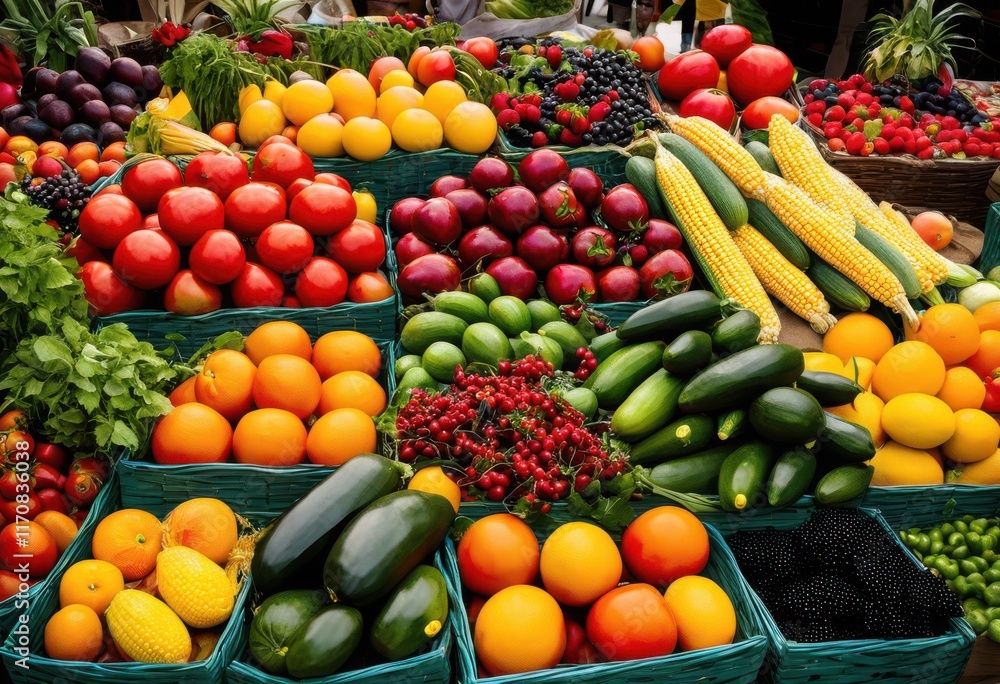 colorful arrangement fresh produce displayed natural settings abundant variety fruits vegetables cultivated organically, berries, leafy, greens, herbs colorful arrangement fresh produce displayed natural settings abundant variety fruits vegetables cultivated organically, berries, leafy, greens, herbs