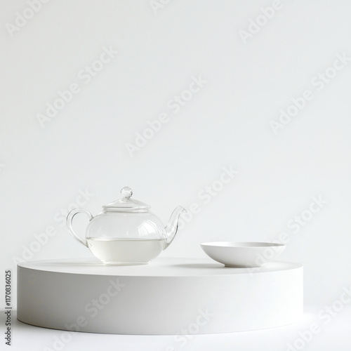 Wallpaper Mural Glass teapot with tea and small white dish on a white pedestal. Torontodigital.ca
