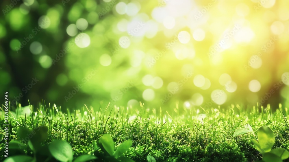 Obraz premium Green moss in a bright forest clearing. Seasonal natur background with bokeh and short depth of field. Close-up with space for text.