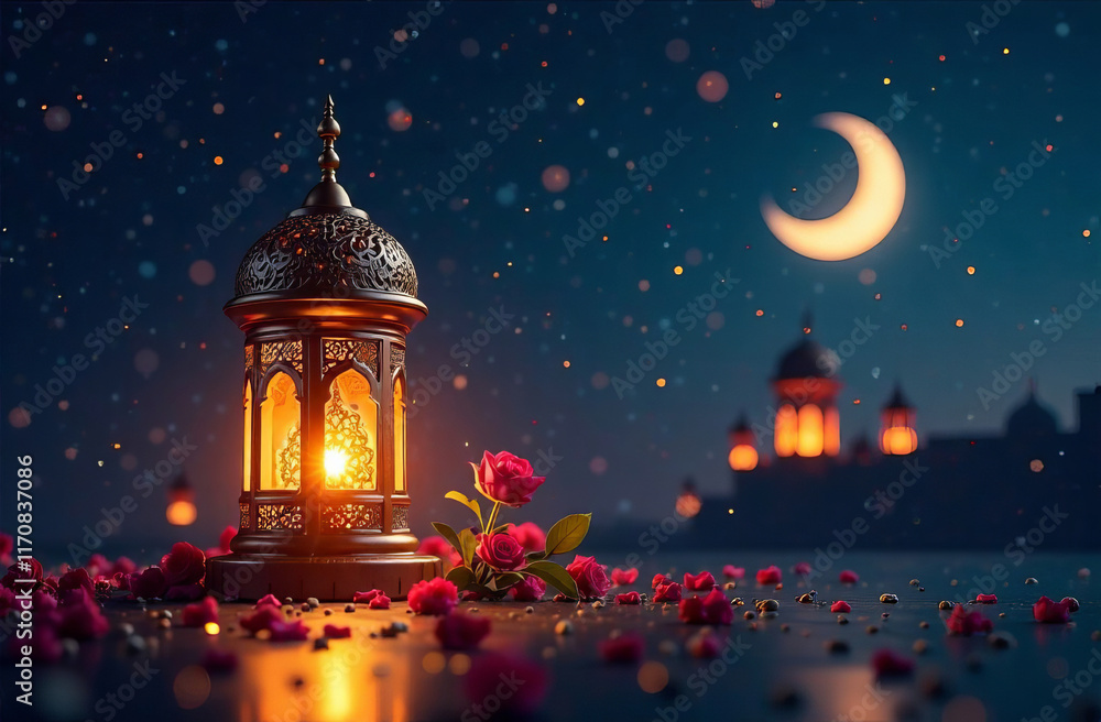 Ramadan background with patterns, flashlight, crescent moon, stars on dark background. Holiday design for the holiday Ramadan background with patterns, flashlight, crescent moon, stars on dark background. Holiday design for the holiday