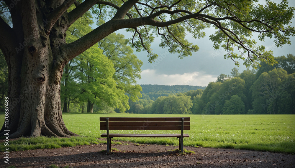Solemn bench under a large tree in a quiet park, remembrance moment Solemn bench under a large tree in a quiet park, remembrance moment