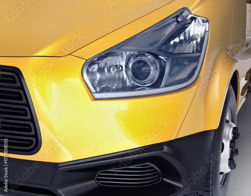 Close-up of a modern yellow delivery van's front view