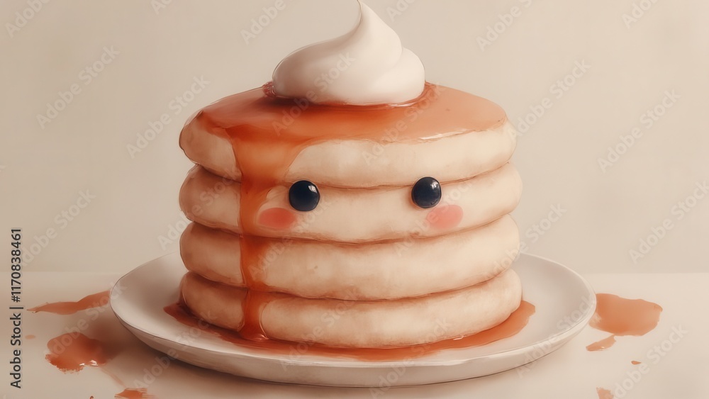 Cute pancake stack with syrup, whipped cream, on plate, simple background, food blog use. Cute pancake stack with syrup, whipped cream, on plate, simple background, food blog use.