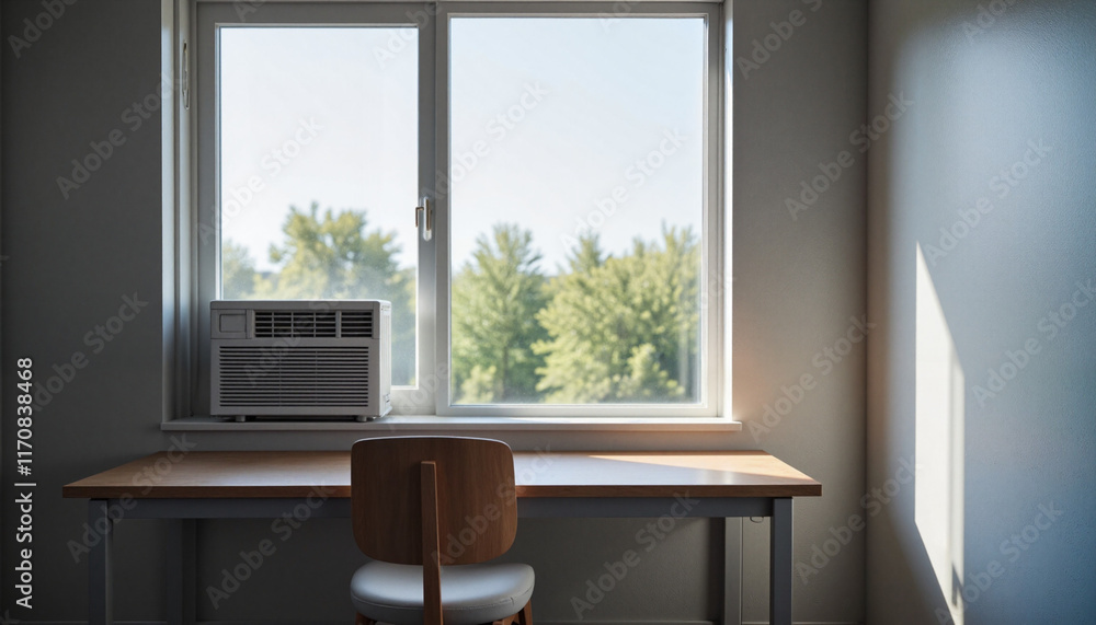 Fototapeta premium Bright air conditioner cooling small office space, comfort and efficiency