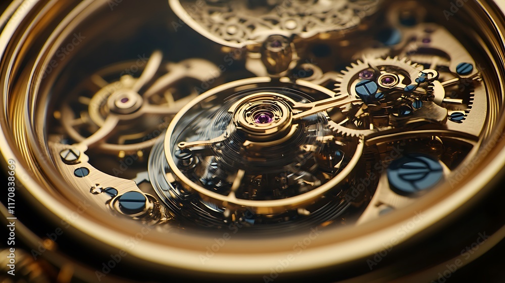 Close-up of intricate gold watch mechanism, showcasing gears, springs, and jewels. Close-up of intricate gold watch mechanism, showcasing gears, springs, and jewels.