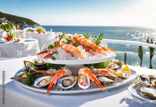 vibrant colorful seafood spread pristine platter fresh delights culinary presentation, shrimp, crab, lobster, scallops, oysters, clams, mussels, fish photo