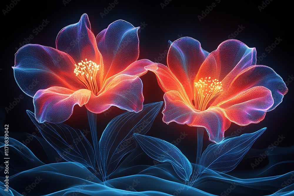 Obraz premium Two luminous lilies in vibrant neon colors against a dark background.