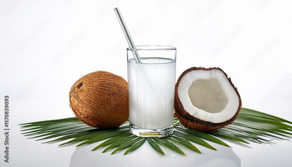 Refreshing Coconut Water with Whole Coconuts and Palm Leaf Refreshing Coconut Water with Whole Coconuts and Palm Leaf