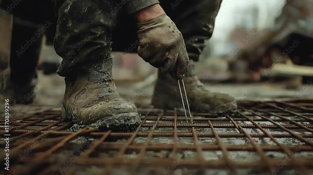 Close-up of worker's muddy boots and hands placing rebar in wet concrete. Close-up of worker's muddy boots and hands placing rebar in wet concrete.