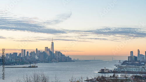 Manhattan skyscrapers skyline, stunning morning light, city scape water reflection, travel destination background image, selective focus isolated subject