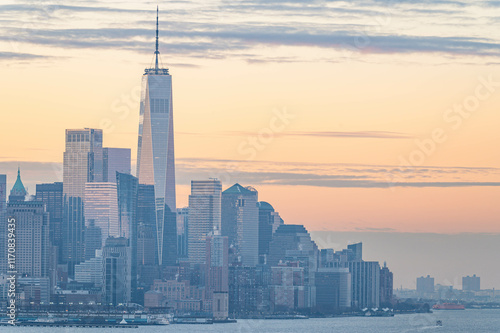 Manhattan skyscrapers skyline, stunning morning light, city scape water reflection, travel destination background image, selective focus isolated subject
