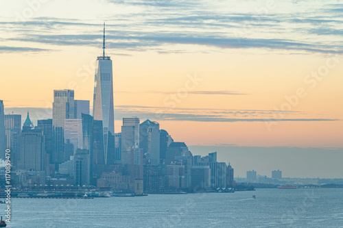 Manhattan skyscrapers skyline, stunning morning light, city scape water reflection, travel destination background image, selective focus isolated subject