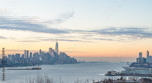 Manhattan skyscrapers skyline, stunning morning light, city scape water reflection, travel destination background image, selective focus isolated subject