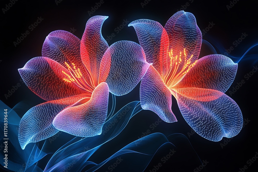 Two luminous lilies in vibrant neon colors against a dark background. Two luminous lilies in vibrant neon colors against a dark background.