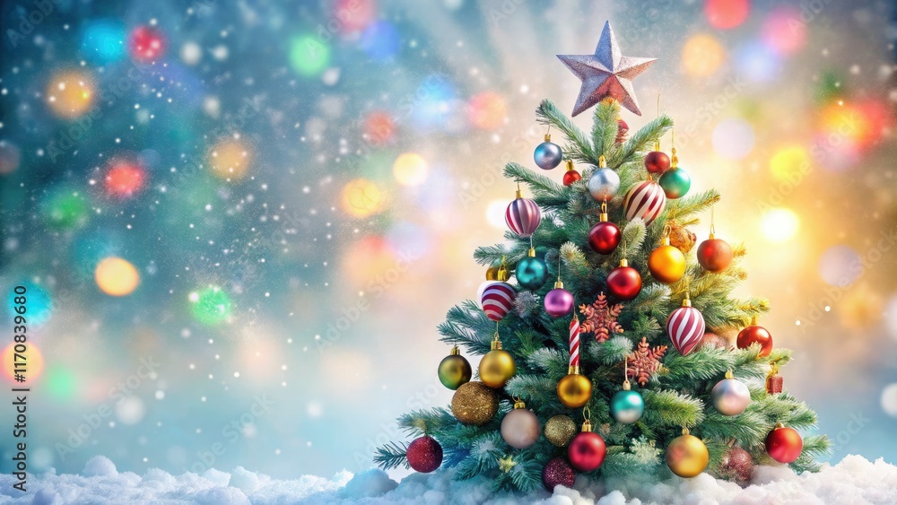 Fototapeta premium Double exposure captures a vibrant Christmas tree, adorned with colorful ornaments, candy canes, and a twinkling star.
