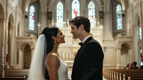 Bridal Ceremony in Grand Church with Stained Glass Windows