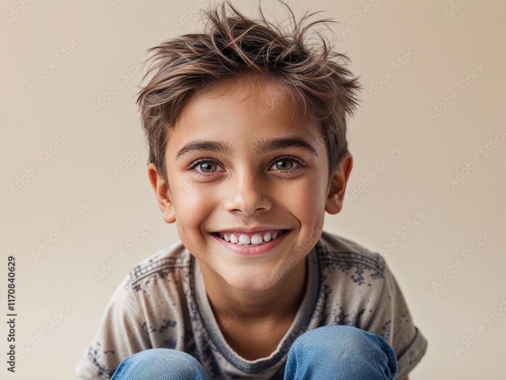 cute little boy smiling warmly and joyfully with natural brown hair, wearing a t shirt, plain background, portrait cute little boy smiling warmly and joyfully with natural brown hair, wearing a t shirt, plain background, portrait