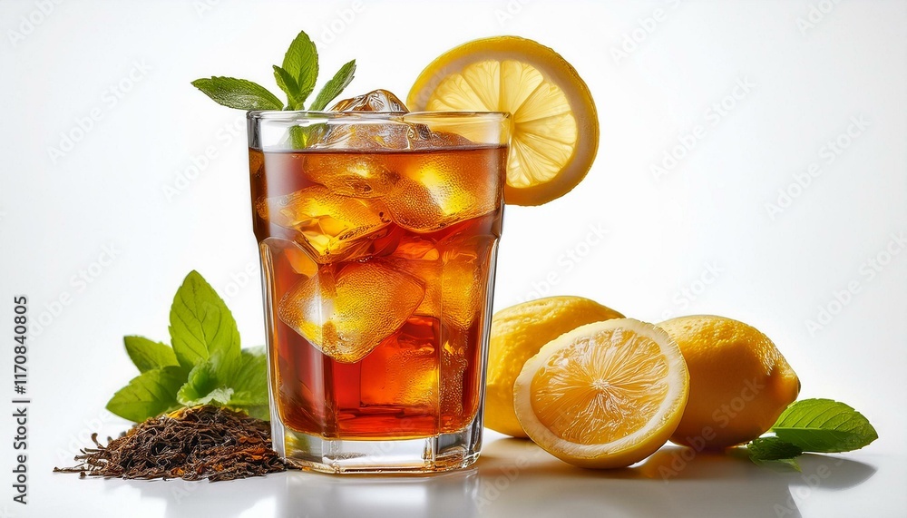 Fototapeta premium Refreshing Iced Tea with Lemon & Mint Garnish, Studio Shot