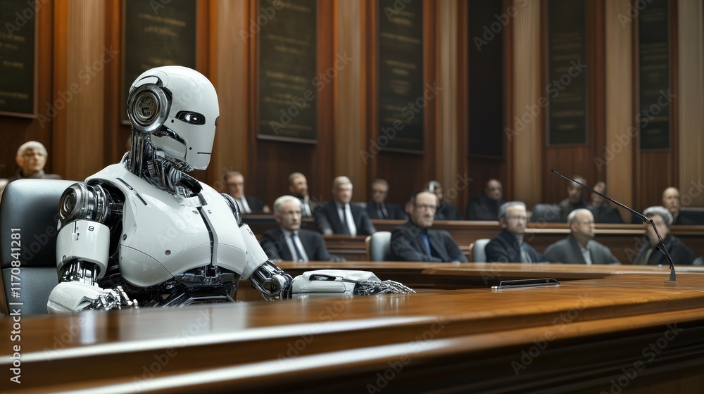 Fototapeta premium AI robot presiding over a government meeting.